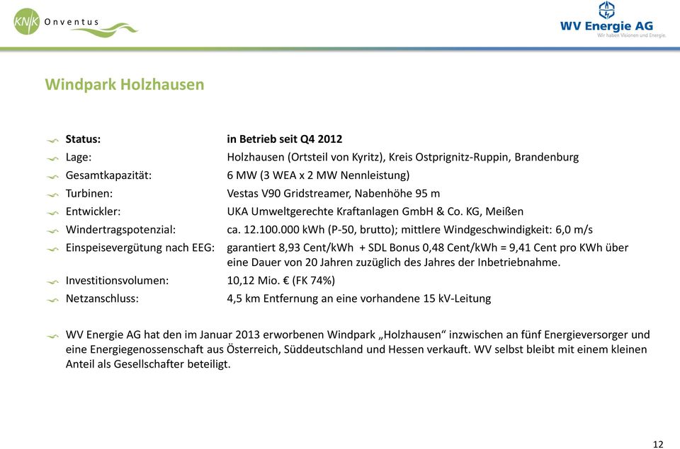 000 kwh (P-50, brutto); mittlere Windgeschwindigkeit: 6,0 m/s Einspeisevergütung nach EEG: garantiert 8,93 Cent/kWh + SDL Bonus 0,48 Cent/kWh = 9,41 Cent pro KWh über eine Dauer von 20 Jahren