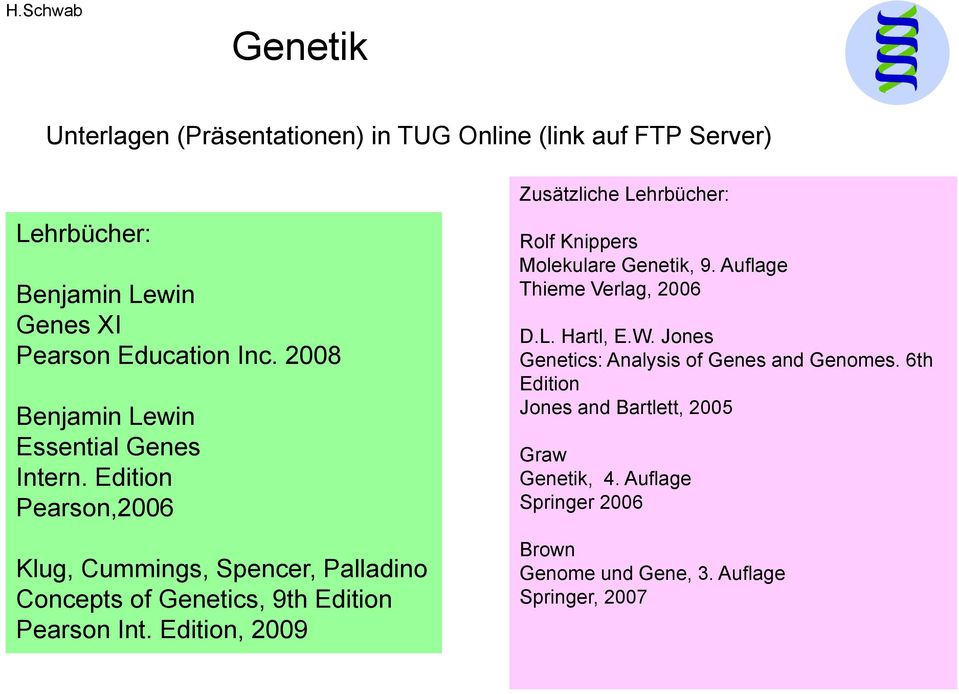 Edition Pearson,2006 Klug, Cummings, Spencer, Palladino Concepts of Genetics, 9th Edition Pearson Int.