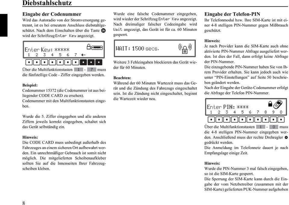 Über die Multifunktionstasten - muss die fünfstellige Code - Ziffer eingegeben Beispiel: Codenummer 15372 (die Codenummer ist aus beiliegender CODE CARD zu ersehen).