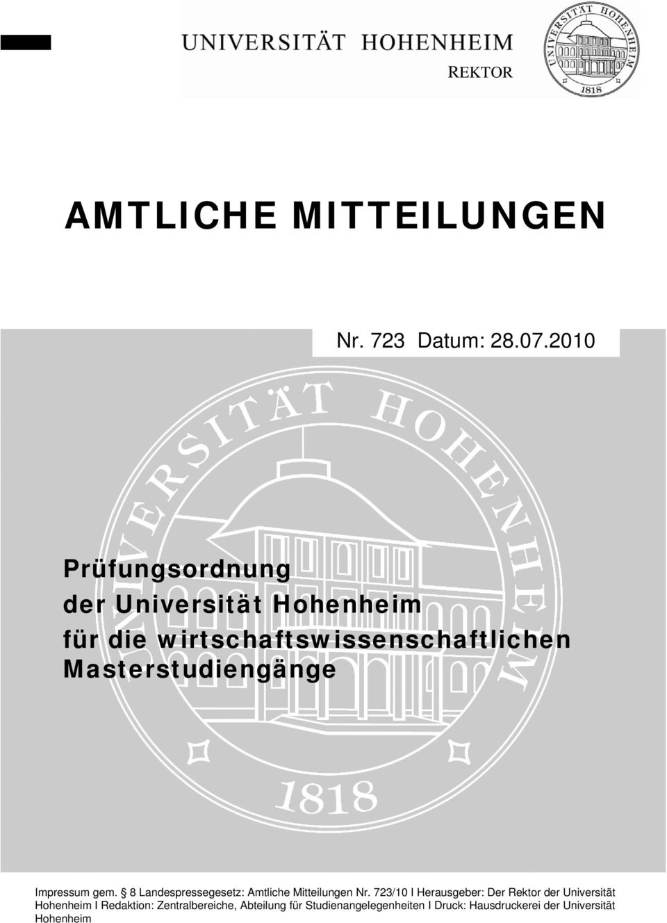 Masterstudiengänge Impressum gem. 8 Landespressegesetz: Amtliche Mitteilungen Nr.