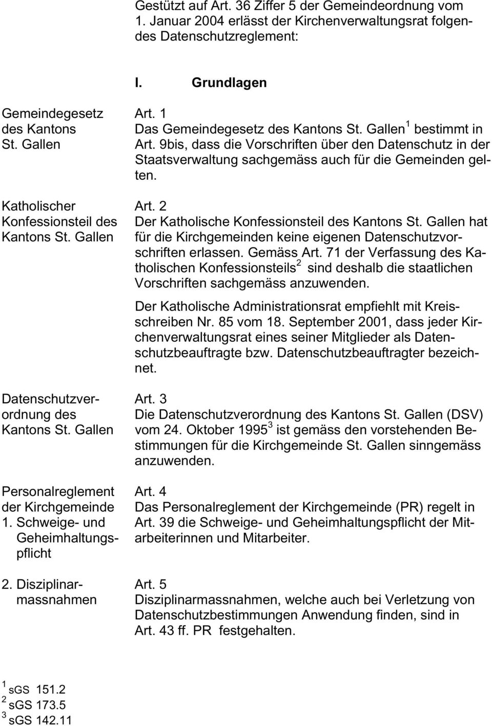 Katholischer Art. 2 Konfessionsteil des Der Katholische Konfessionsteil des Kantons St. Gallen hat Kantons St. Gallen für die Kirchgemeinden keine eigenen Datenschutzvorschriften erlassen. Gemäss Art.