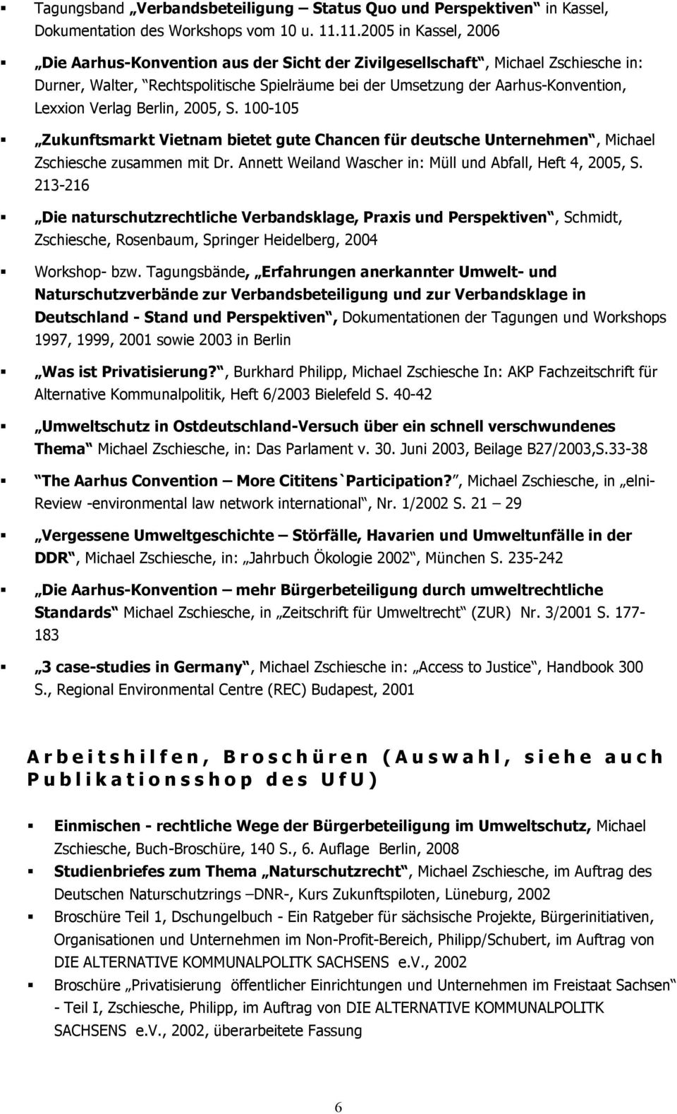 Verlag Berlin, 2005, S. 100-105 Zukunftsmarkt Vietnam bietet gute Chancen für deutsche Unternehmen, Michael Zschiesche zusammen mit Dr. Annett Weiland Wascher in: Müll und Abfall, Heft 4, 2005, S.