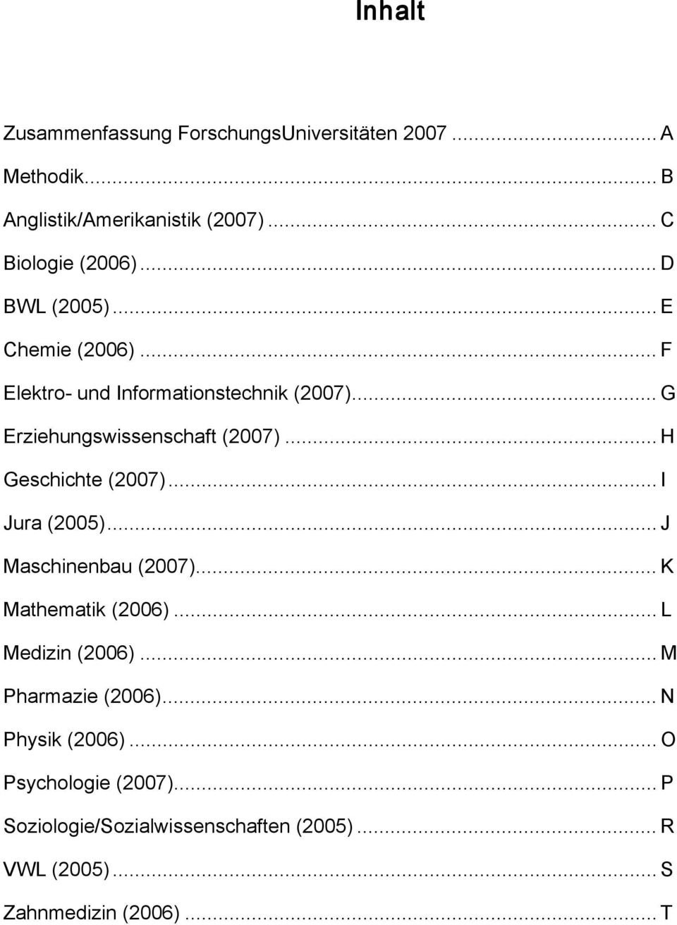 .. H Geschichte (2007)... I Jura (2005)... J Maschinenbau (2007)... K Mathematik (2006)... L Medizin (2006).