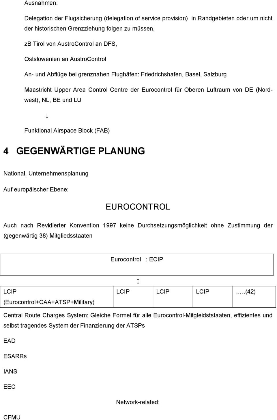 Funktional Airspace Block (FAB) 4 GEGENWÄRTIGE PLANUNG National, Unternehmensplanung Auf europäischer Ebene: EUROCONTROL Auch nach Revidierter Konvention 1997 keine Durchsetzungsmöglichkeit ohne