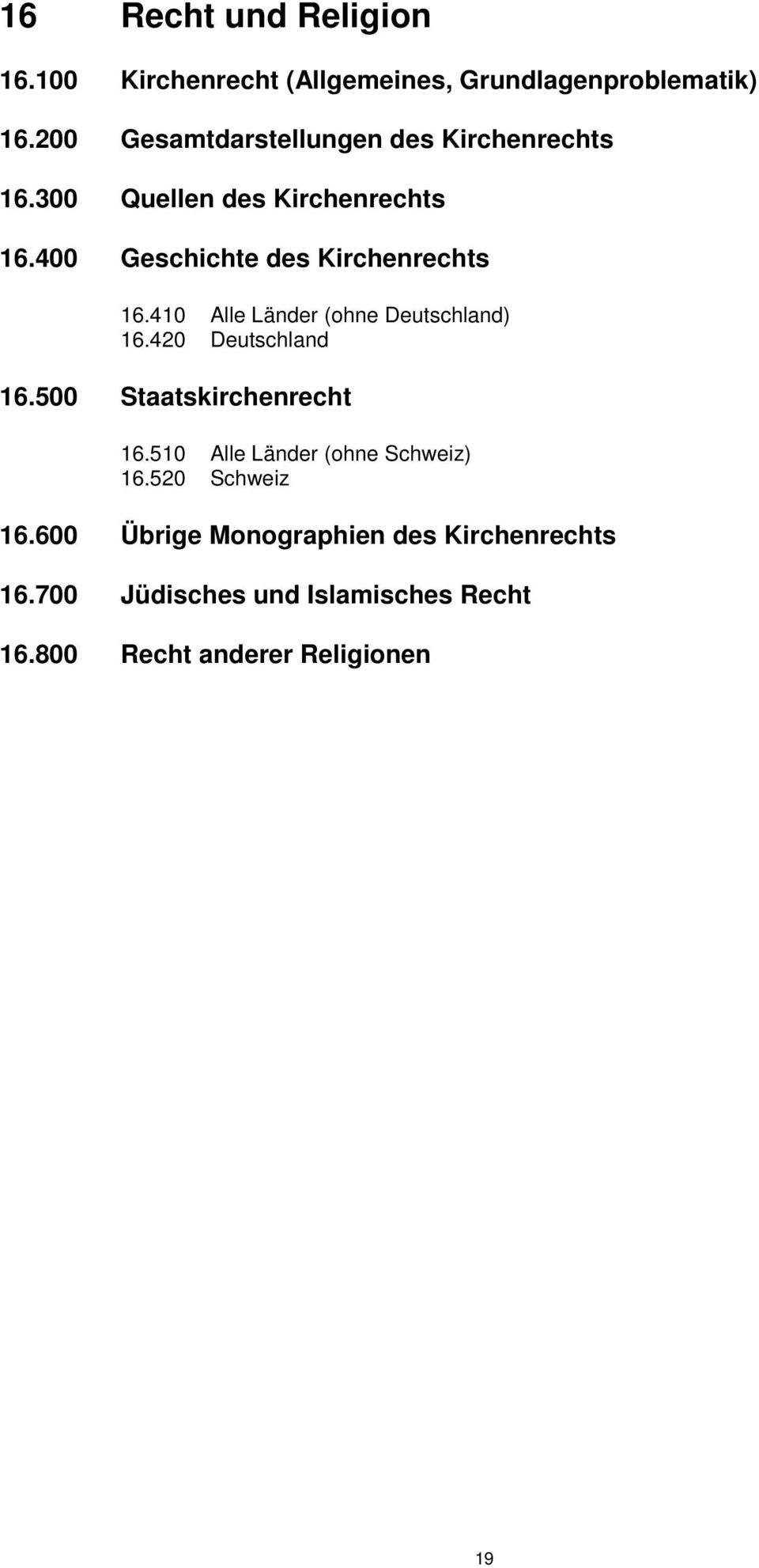 400 Geschichte des Kirchenrechts 16.410 Alle Länder (ohne Deutschland) 16.420 Deutschland 16.