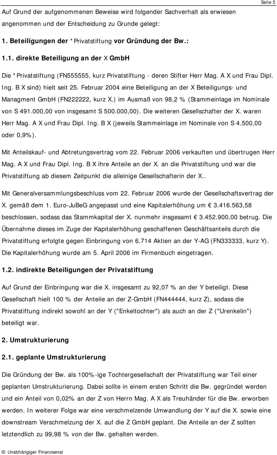 B X sind) hielt seit 25. Februar 2004 eine Beteiligung an der X Beteiligungs- und Managment GmbH (FN222222, kurz X.) im Ausmaß von 98,2 % (Stammeinlage im Nominale von S 491.