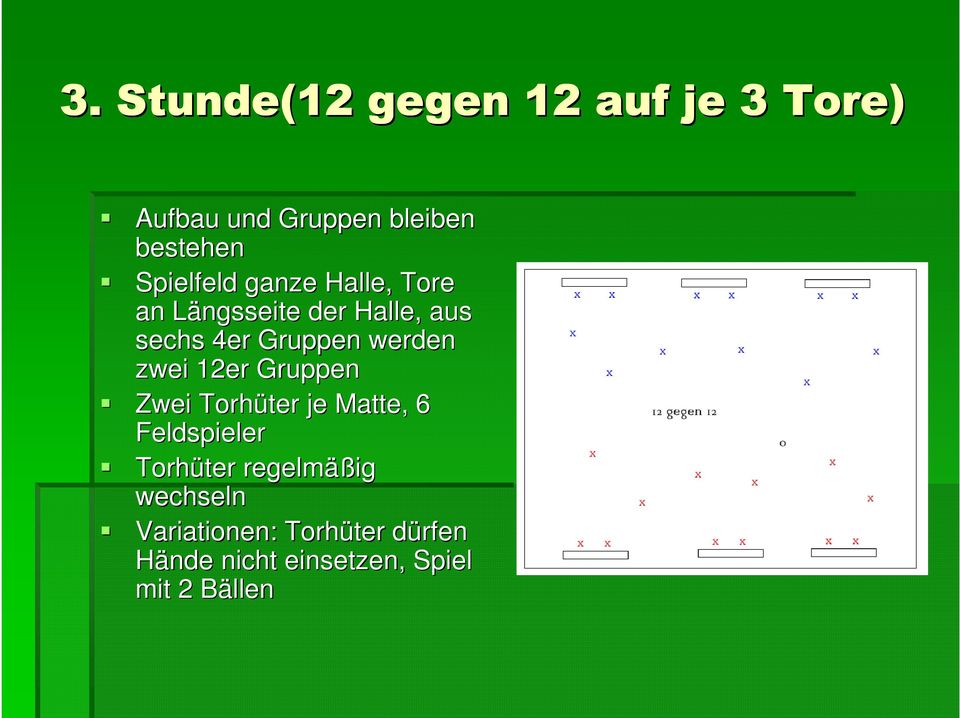 werden zwei 12er Gruppen Zwei Torhüter je Matte, 6 Feldspieler Torhüter