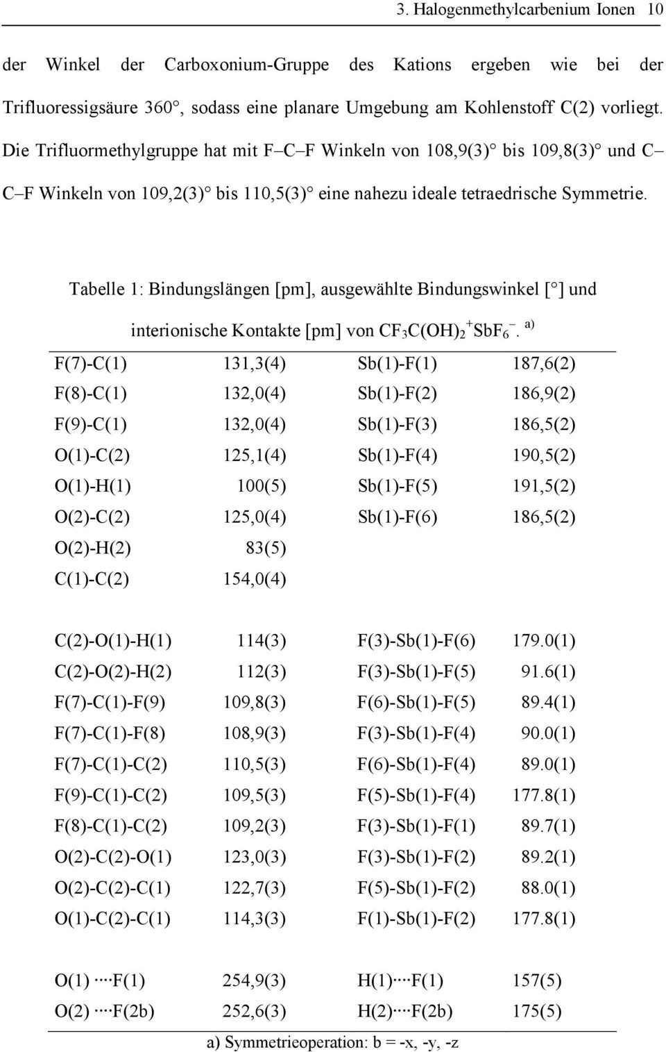 Tabelle 1: Bindungslängen [pm], ausgewählte Bindungswinkel [ ] und interionische Kontakte [pm] von CF 3 C(OH) + 2 SbF 6.