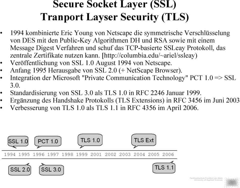 edu/~ariel/ssleay) Veröffentlichung von SSL 1.0 August 1994 von Netscape. Anfang 1995 Herausgabe von SSL 2.0 (+ NetScape Browser).