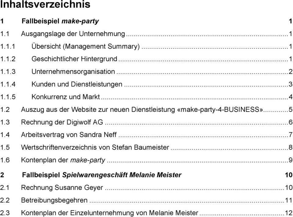 3 Rechnung der Digiwolf AG...6 1.4 Arbeitsvertrag von Sandra Neff...7 1.5 Wertschriftenverzeichnis von Stefan Baumeister...8 1.6 Kontenplan der make-party.