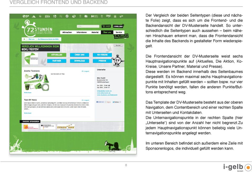 Die Frontendansicht der DV-Musterseite weist sechs Hauptnavigationspunkte auf (Aktuelles, Die Aktion, Ko- Kreise, Unsere Partner, Material und Presse).