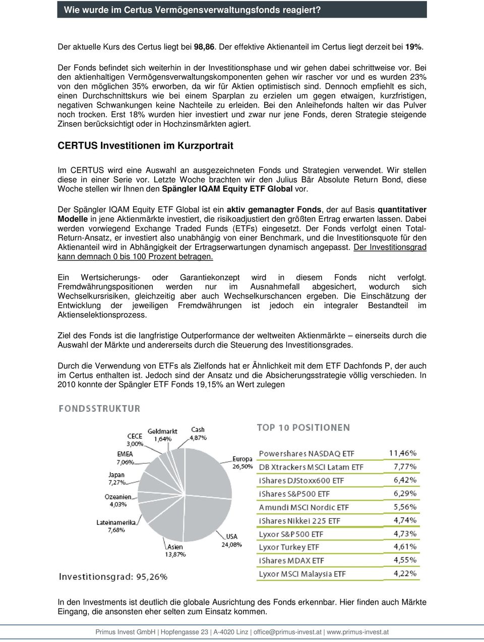 Bei den aktienhaltigen Vermögensverwaltungskomponenten gehen wir rascher vor und es wurden 23% von den möglichen 35% erworben, da wir für Aktien optimistisch sind.