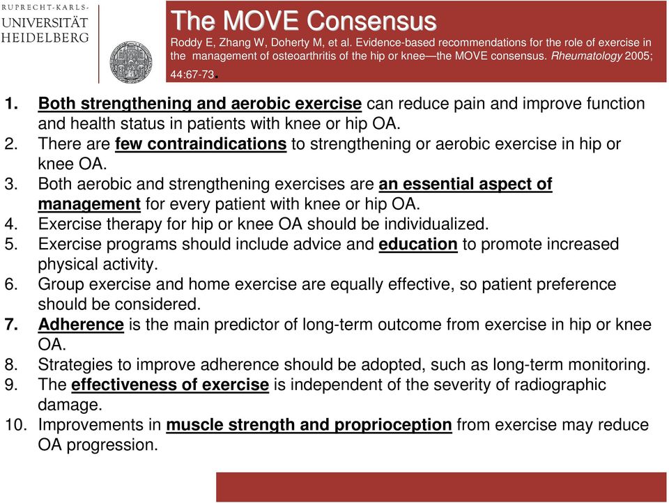 3. Both aerobic and strengthening exercises are an essential aspect of management for every patient with knee or hip OA. 4. Exercise therapy for hip or knee OA should be individualized. 5.