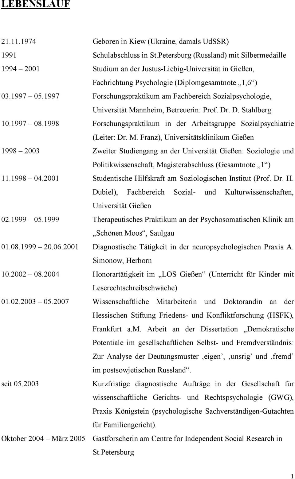 1997 Forschungspraktikum am Fachbereich Sozialpsychologie, Universität Mannheim, Betreuerin: Prof. Dr. D. Stahlberg 10.1997 08.