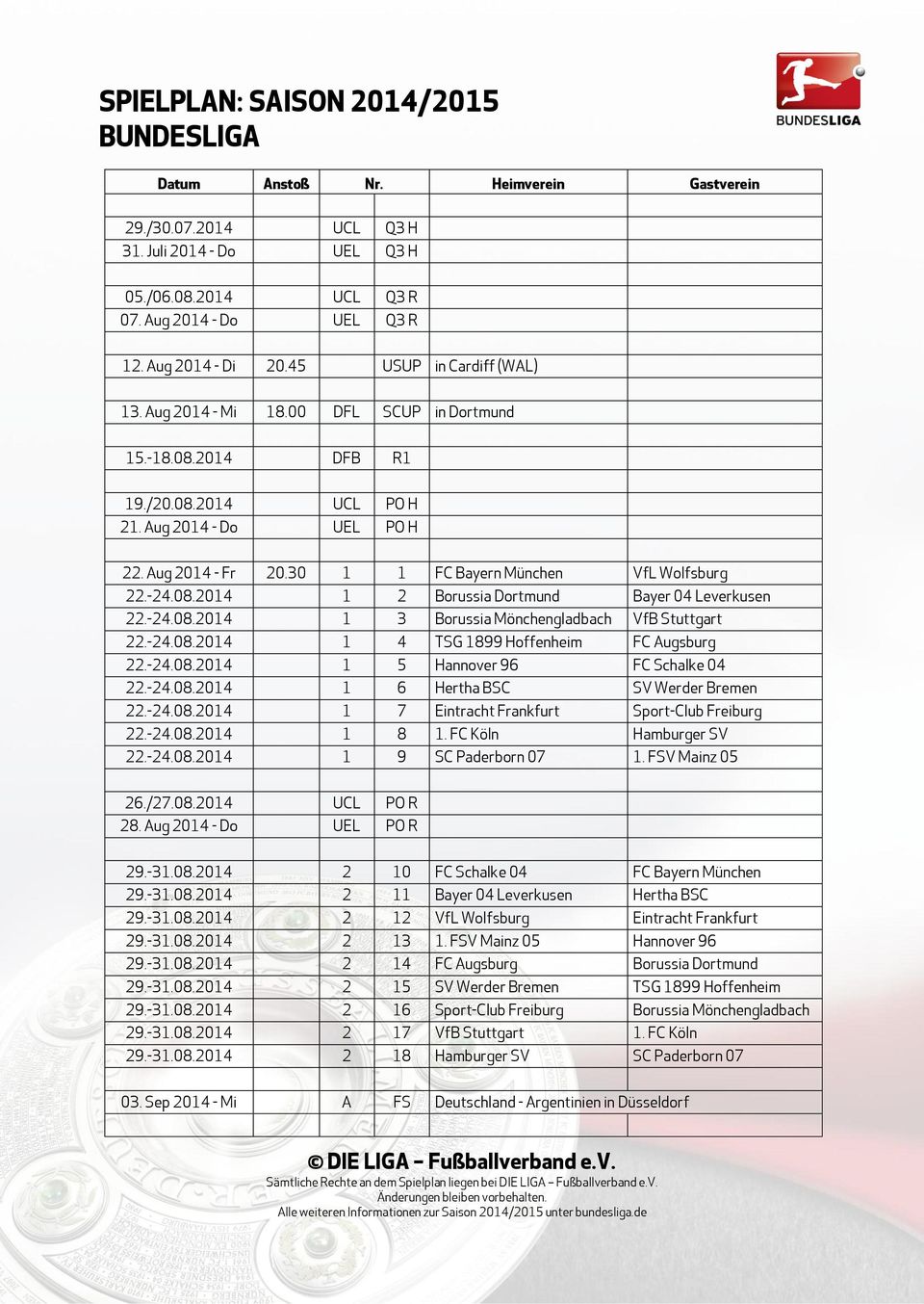 -24.08.2014 1 4 TSG 1899 Hoffenheim FC Augsburg 22.-24.08.2014 1 5 Hannover 96 FC Schalke 04 22.-24.08.2014 1 6 Hertha BSC SV Werder Bremen 22.-24.08.2014 1 7 Eintracht Frankfurt Sport-Club Freiburg 22.