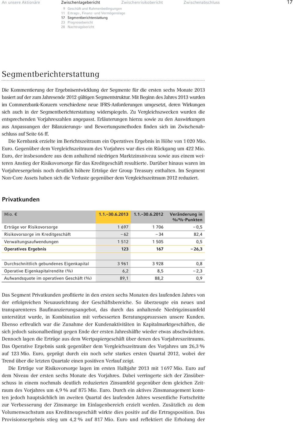 Segmentstruktur. Mit Beginn des Jahres 2013 wurden im Commerzbank-Konzern verschiedene neue IFRS-Anforderungen umgesetzt, deren Wirkungen sich auch in der Segmentberichterstattung widerspiegeln.