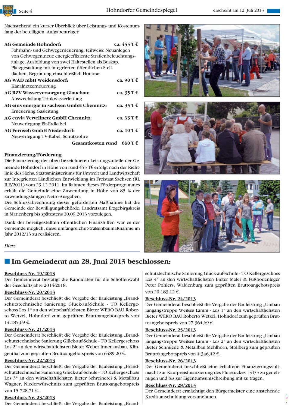 öffentlichen Stellflächen, Begrünung einschließlich Honorar AG WAD mbh Weidensdorf: ca. 90 T analnetzerneuerung AG RZV Wasserversorgung Glauchau: ca.
