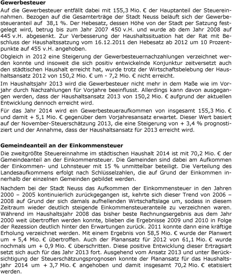 Zur Verbesserung der Haushaltssituation hat der Rat mit Beschluss der Haushaltssatzung vom 16.12.2011 den Hebesatz ab 2012 um 10 Prozentpunkte auf 455 v.h. angehoben.