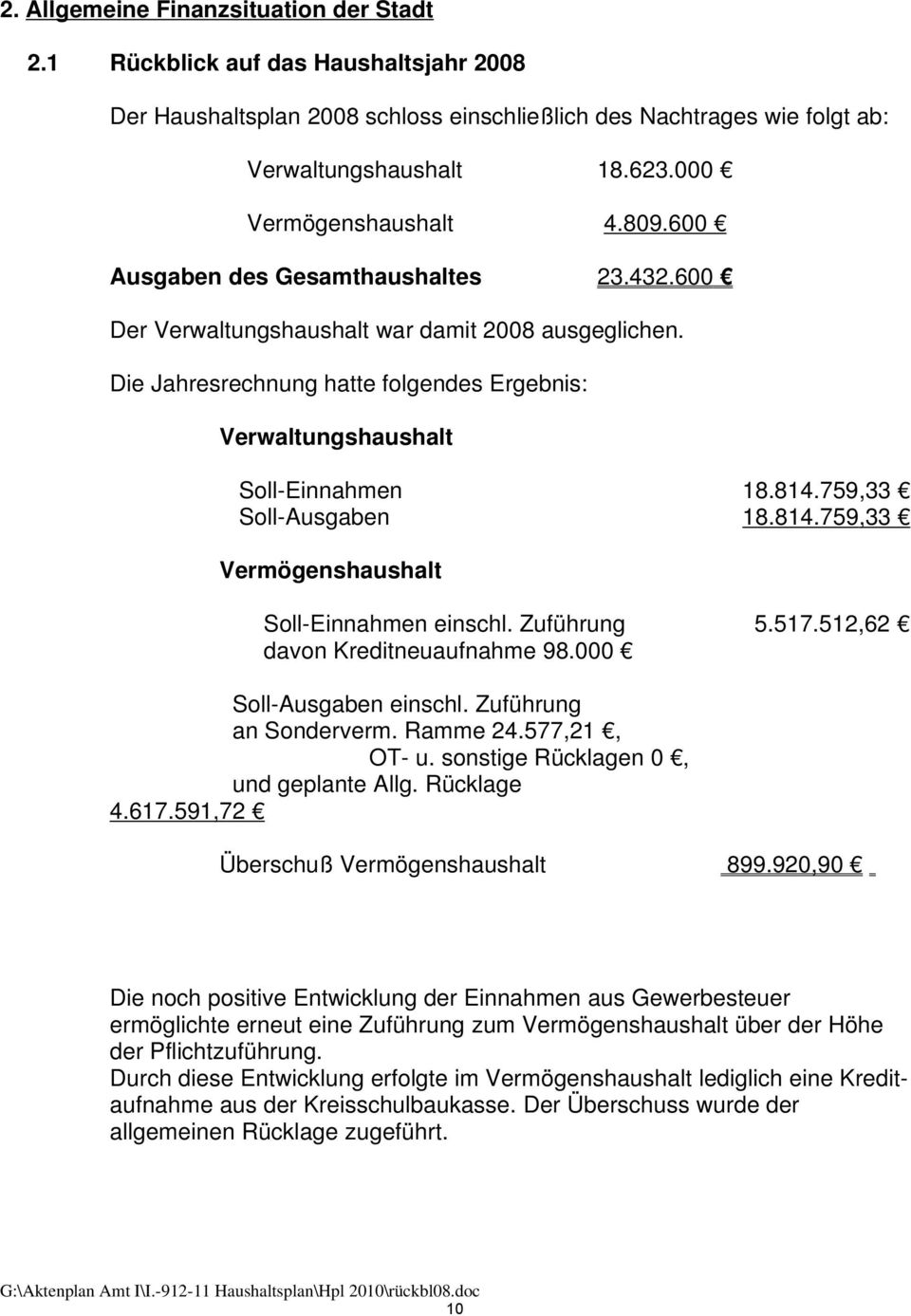 759,33 Soll-Ausgaben 18.814.759,33 Vermögenshaushalt Soll-Einnahmen einschl. Zuführung 5.517.512,62 davon Kreditneuaufnahme 98. Soll-Ausgaben einschl. Zuführung an Sonderverm. Ramme 24.577,21, OT- u.