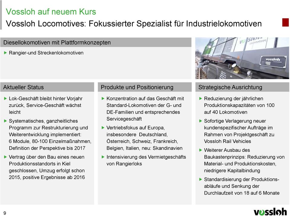 bis 2017 Vertrag über den Bau eines neuen Produktionsstandorts in Kiel geschlossen, Umzug erfolgt schon 2015, positive Ergebnisse ab 2016 Produkte und Positionierung Konzentration auf das Geschäft