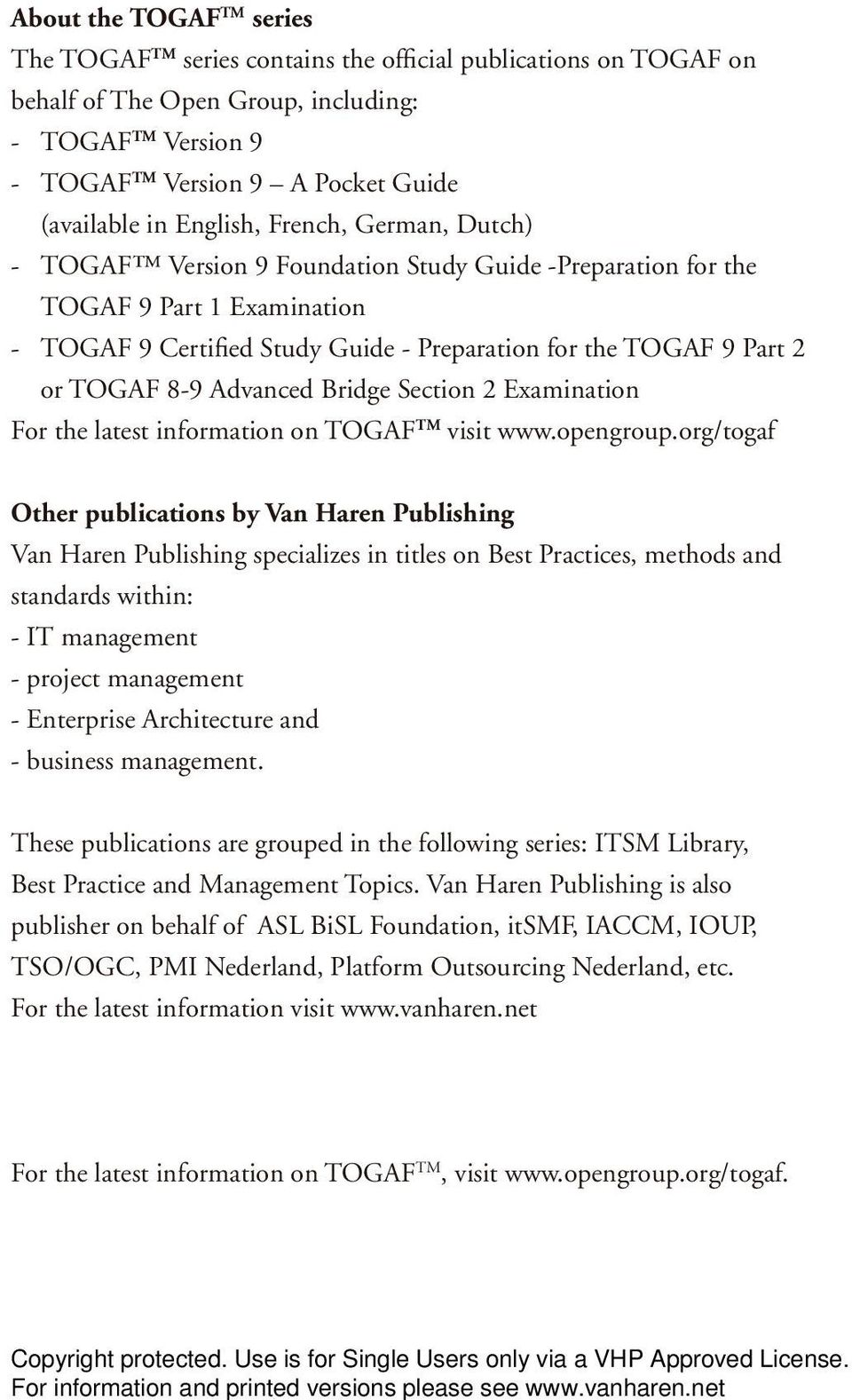 TOGAF 8-9 Advanced Bridge Section 2 Examination For the latest information on TOGAF TM visit www.opengroup.