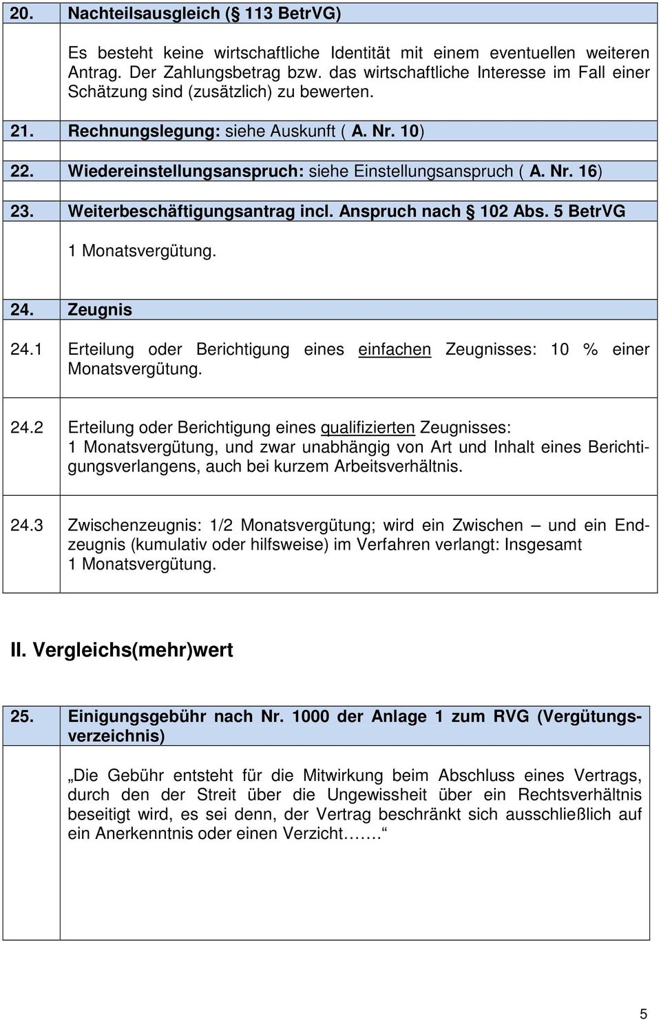 Nr. 16) 23. Weiterbeschäftigungsantrag incl. Anspruch nach 102 Abs. 5 BetrVG 1 Monatsvergütung. 24.