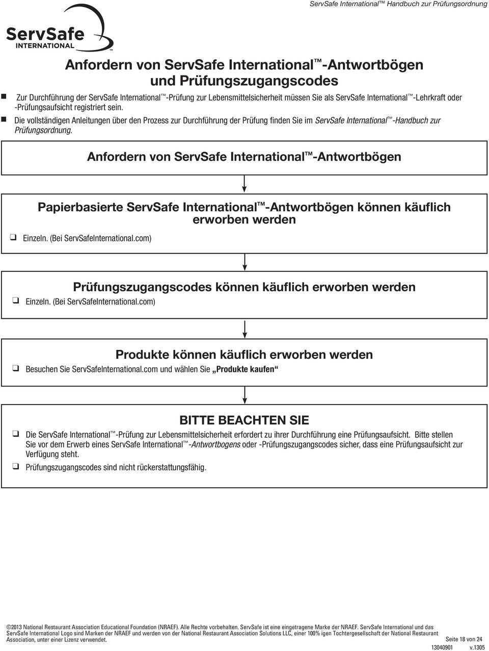 Anfordern von ServSafe International TM -Antwortbögen Papierbasierte ServSafe International TM -Antwortbögen können käuflich erworben werden q Einzeln. (Bei ServSafeInternational.