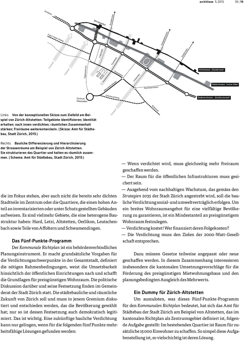 Freiräume weiterentwickeln. (Skizze: Amt für Städtebau, Stadt Zürich, 2015 ) Rechts Bauliche Differenzierung und Hierarchisierung der Strassenräume am Beispiel von Zürich-Altstetten.