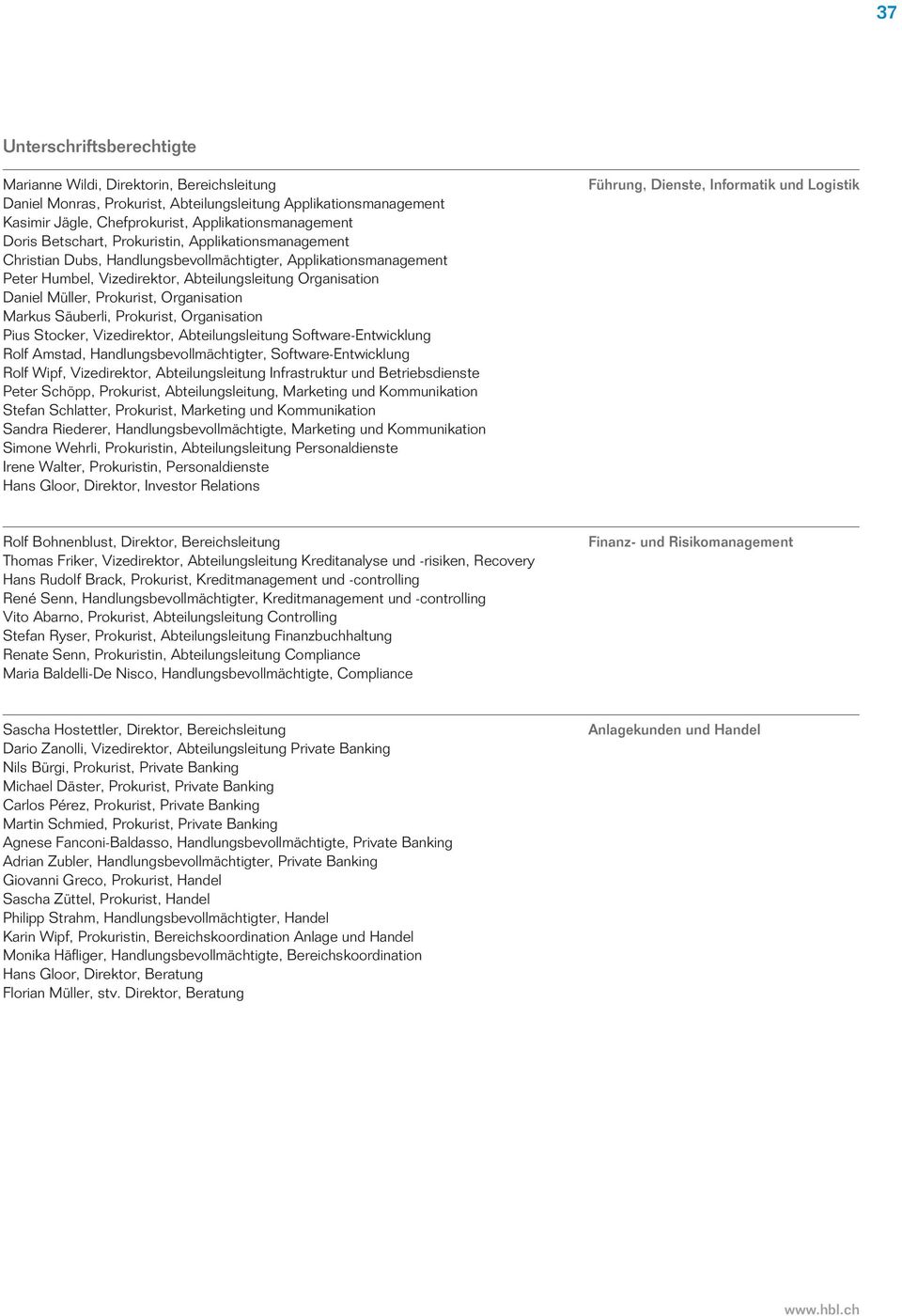 Organisation Markus Säuberli, Prokurist, Organisation Pius Stocker, Vizedirektor, Abteilungsleitung Software-Entwicklung Rolf Amstad, Handlungsbevollmächtigter, Software-Entwicklung Rolf Wipf,