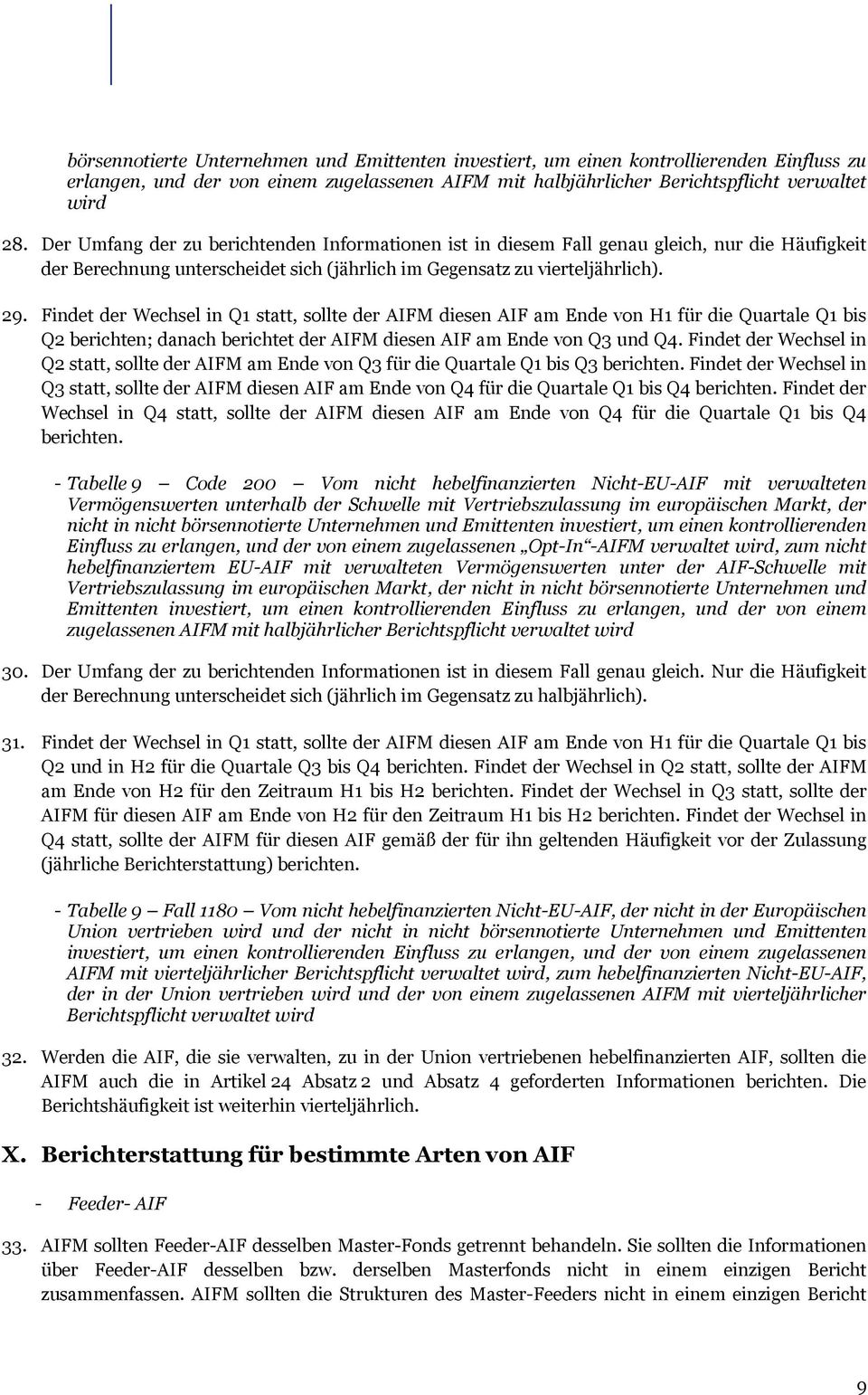 Findet der Wechsel in Q1 statt, sollte der AIFM diesen AIF am Ende von H1 für die Quartale Q1 bis Q2 berichten; danach berichtet der AIFM diesen AIF am Ende von Q3 und Q4.