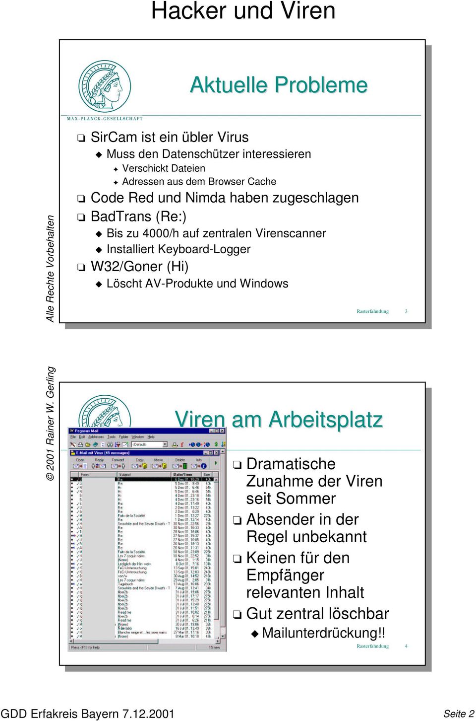 W32/Goner (Hi) Löscht AV-Produkte und Windows Rasterfahndung 3 Viren am Arbeitsplatz Dramatische Zunahme der Viren seit Sommer