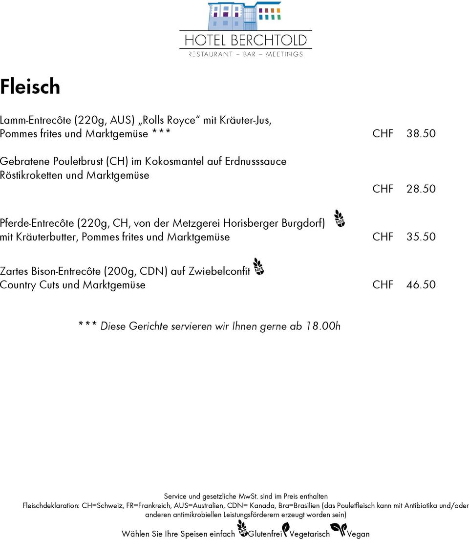 50 Pferde-Entrecôte (220g, CH, von der Metzgerei Horisberger Burgdorf) mit Kräuterbutter, Pommes frites und Marktgemüse