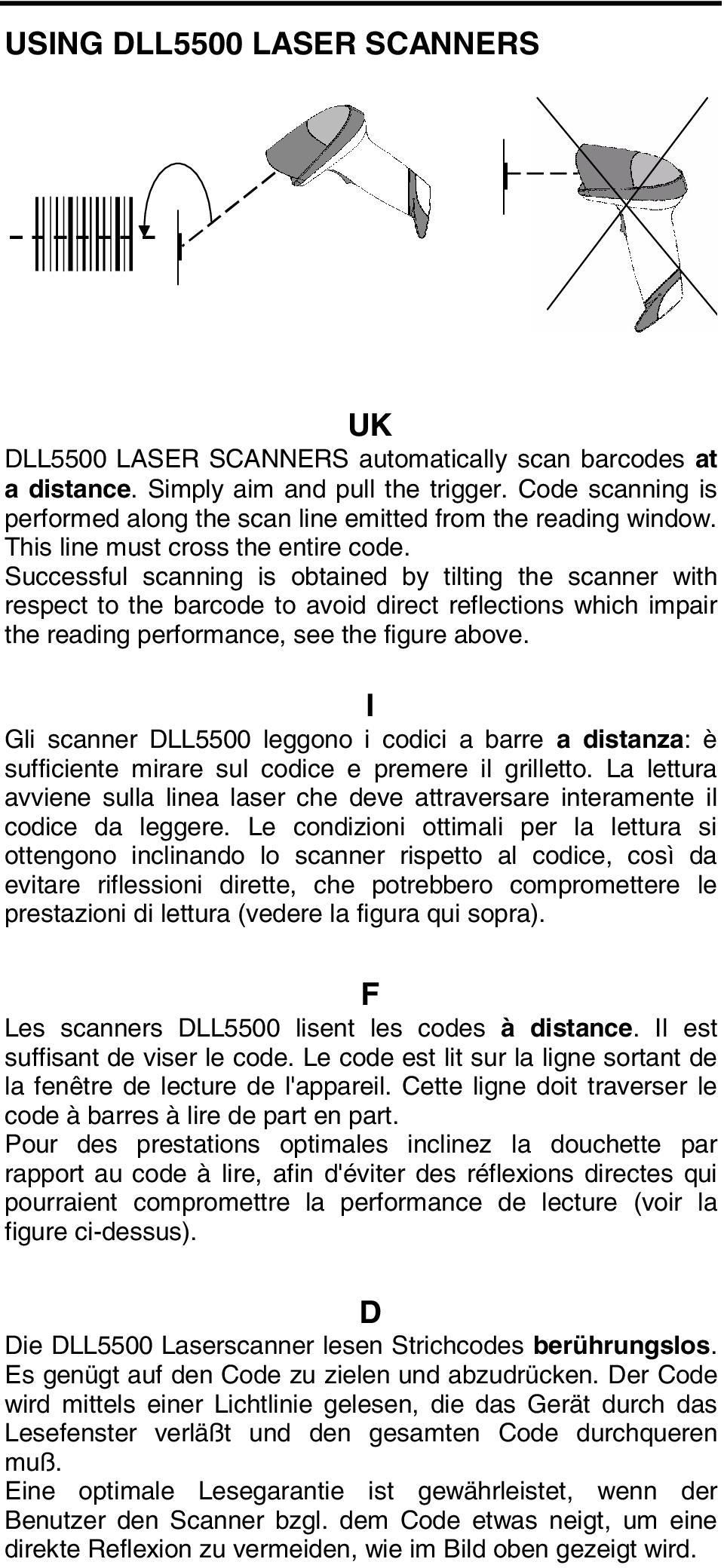 Successful scanning is obtained by tilting the scanner with respect to the barcode to avoid direct reflections which impair the reading performance, see the figure above.