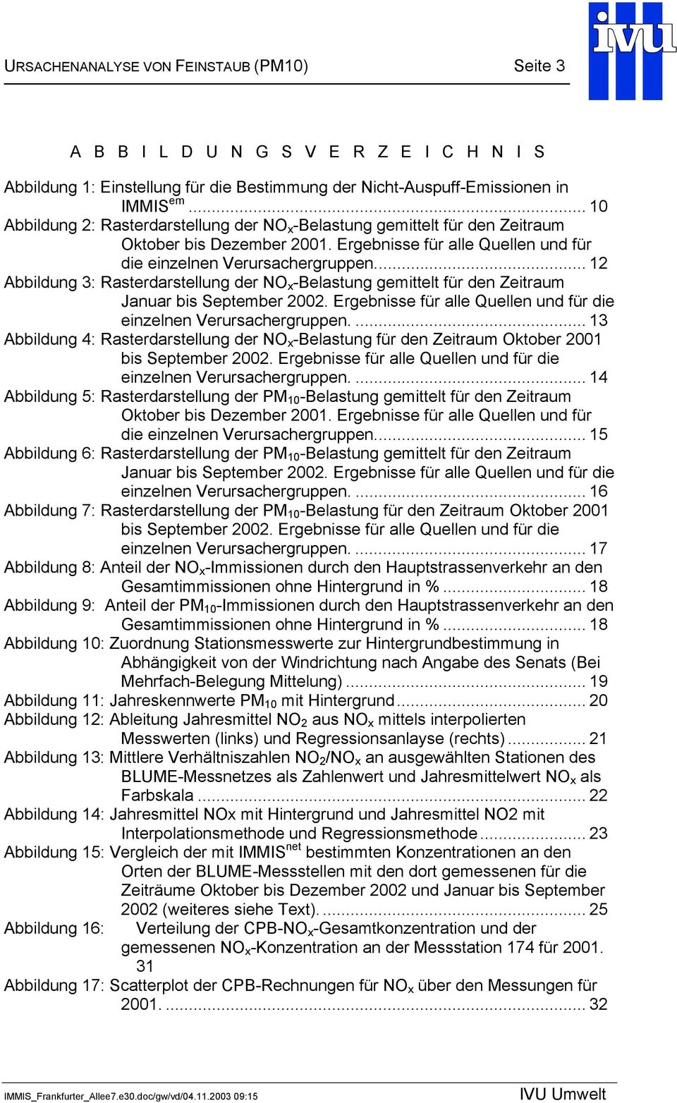 .. 12 Abbildung 3: Rasterdarstellung der NO x -Belastung gemittelt für den Zeitraum Januar bis September 2002. Ergebnisse für alle Quellen und für die einzelnen Verursachergruppen.
