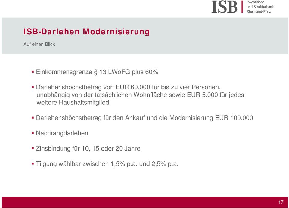 000 für jedes weitere Haushaltsmitglied Darlehenshöchstbetrag für den Ankauf und die Modernisierung EUR