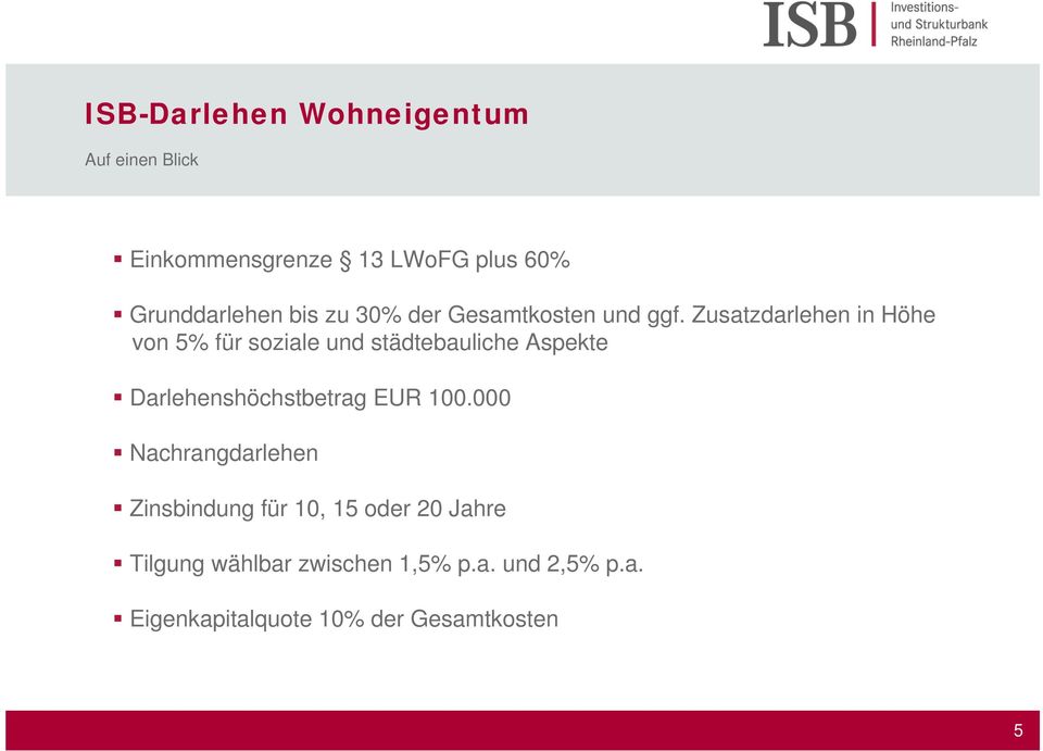 Zusatzdarlehen in Höhe von 5% für soziale und städtebauliche Aspekte Darlehenshöchstbetrag