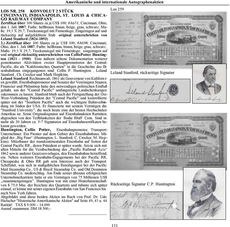 Stanford (1824-1893) 2.) Zertifikat über 100 Shares zu je US$ 100; #A698; Cincinnati, Ohio, den 1.
