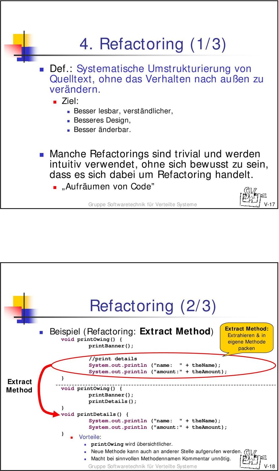 Aufräumen von Code V-17 Extract Method Refactoring (2/3) Beispiel (Refactoring: Extract Method) void printowing() { printbanner(); //print details System.out.