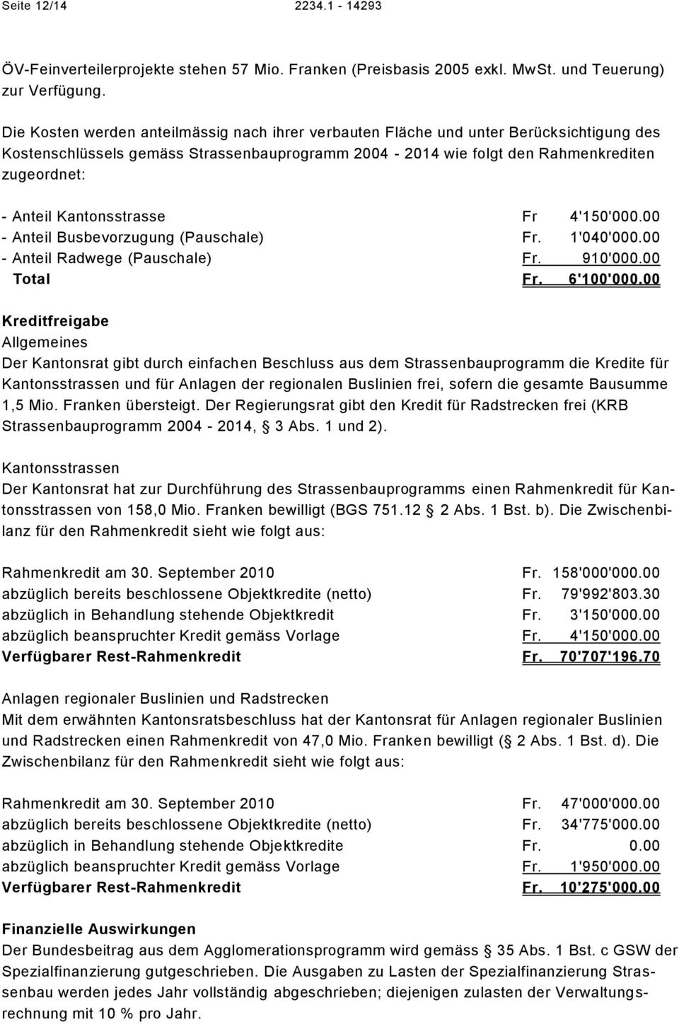 Kantonsstrasse Fr 4'150'000.00 - Anteil Busbevorzugung (Pauschale) Fr. 1'040'000.00 - Anteil Radwege (Pauschale) Fr. 910'000.00 Total Fr. 6'100'000.