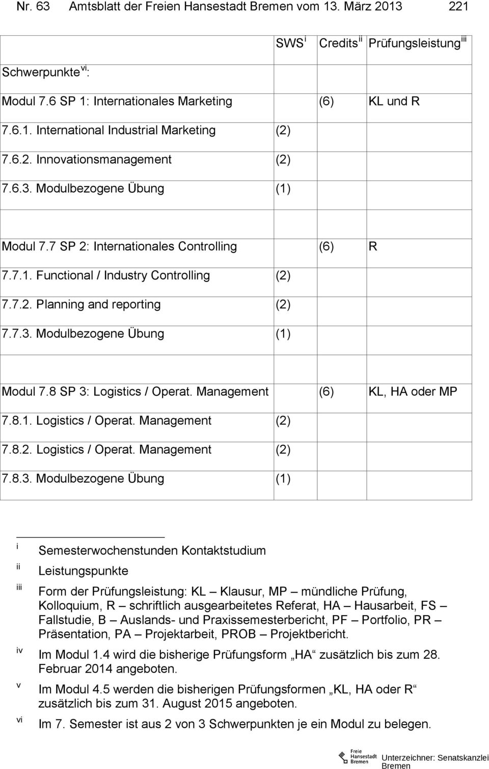 Management (6) KL, HA oder MP 7.8.1. Logistics / Operat. Management (2) 7.8.2. Logistics / Operat. Management (2) 7.8.3.