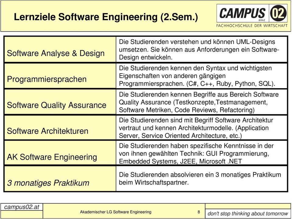 umsetzen. Sie können aus Anforderungen ein Software- Design entwickeln. Die Studierenden kennen den Syntax und wichtigsten Eigenschaften von anderen gängigen Programmiersprachen.