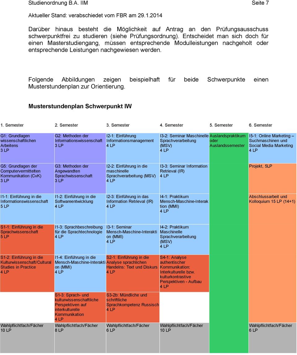 Folgende Abbildungen zeigen beispielhaft für beide Schwerpunkte einen Musterstundenplan zur Orientierung. Musterstundenplan Schwerpunkt IW 1. Semester 2. Semester 3. Semester 4. Semester 5.