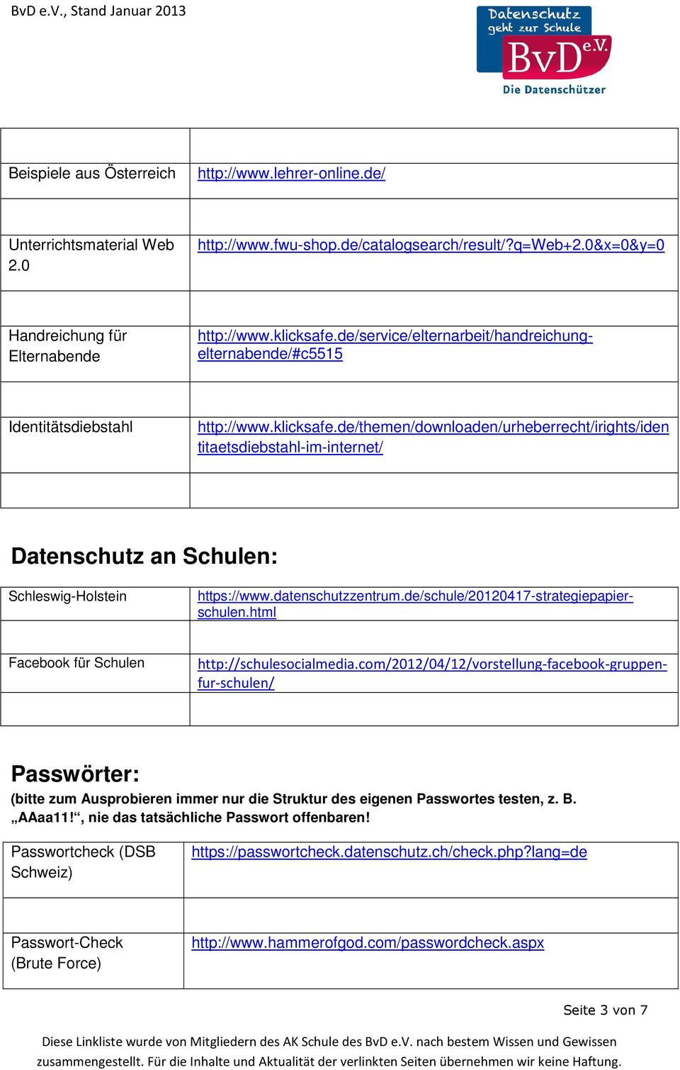 de/themen/downloaden/urheberrecht/irights/iden titaetsdiebstahl-im-internet/ Datenschutz an Schulen: Schleswig-Holstein Facebook für Schulen http://www.klicksafe.