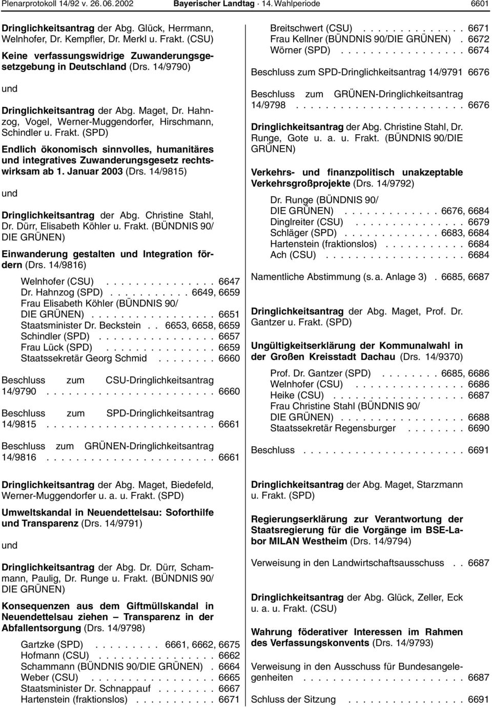 (SPD) Endlich ökonomisch sinnvolles, humanitäres und integratives Zuwanderungsgesetz rechtswirksam ab 1. Januar 2003 (Drs. 14/9815) und Dringlichkeitsantrag der Abg. Christine Stahl, Dr.