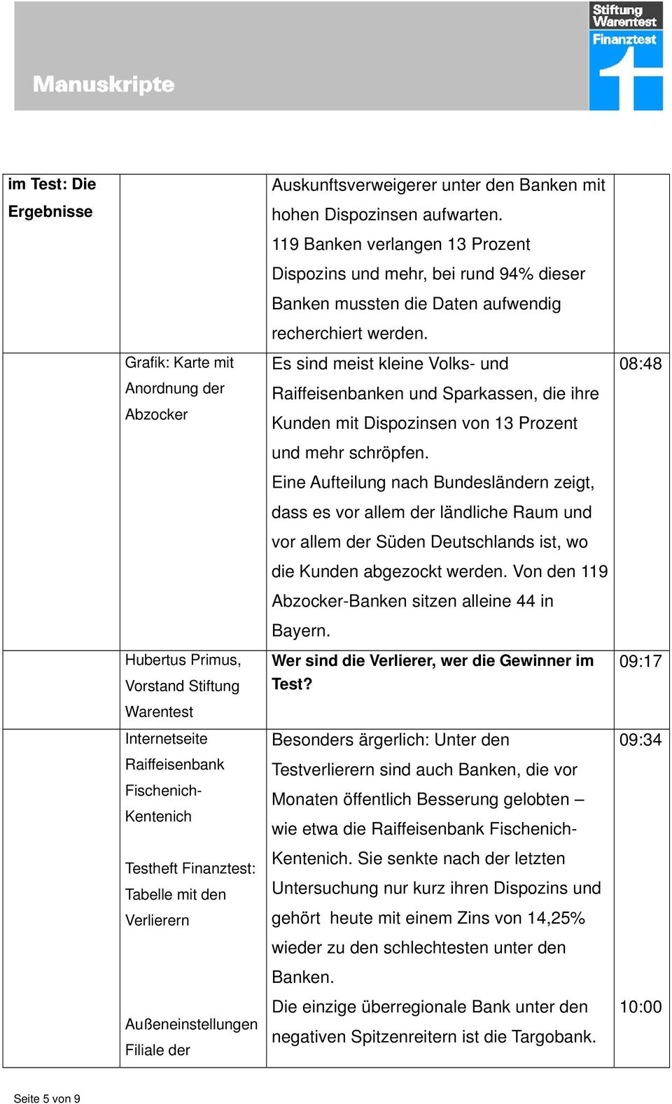 Grafik: Karte mit Anordnung der Abzocker Internetseite Raiffeisenbank Fischenich- Kentenich Testheft : Tabelle mit den Verlierern Außeneinstellungen Filiale der Es sind meist kleine Volks- und