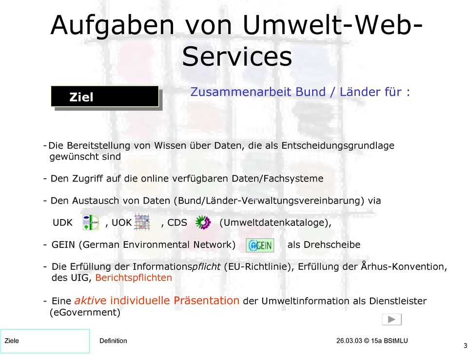 (Bund/Länder-Verwaltungsvereinbarung) via UDK, UOK, CDS (Umweltdatenkataloge), - GEIN (German Environmental Network) als Drehscheibe - Die Erfüllung