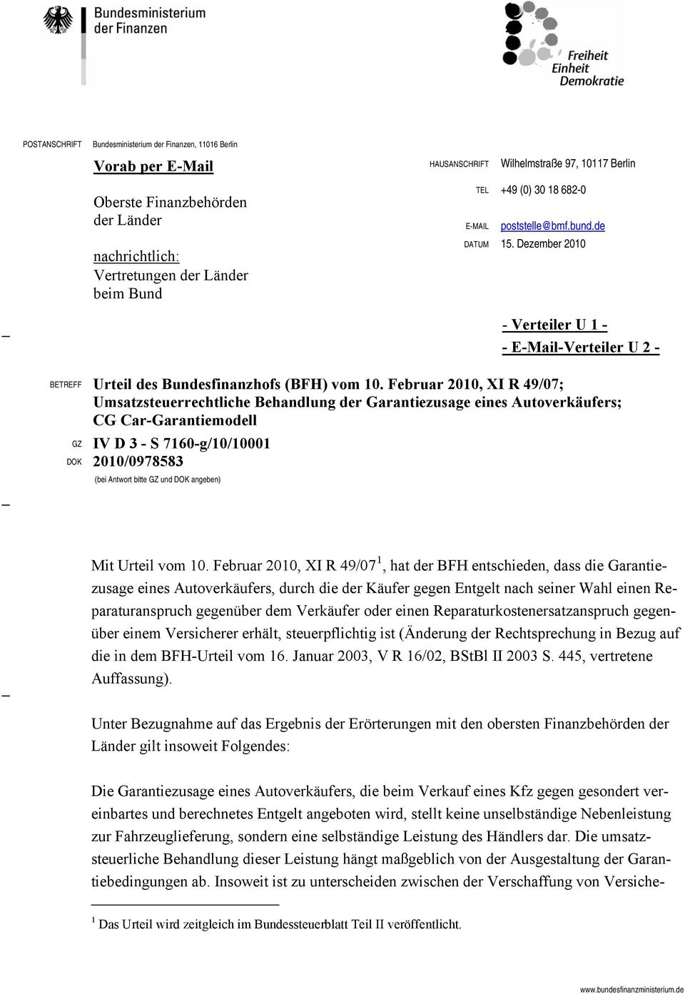 Dezember 2010 - Verteiler U 1 - - E-Mail-Verteiler U 2 - BETREFF Urteil des Bundesfinanzhofs (BFH) vom 10.