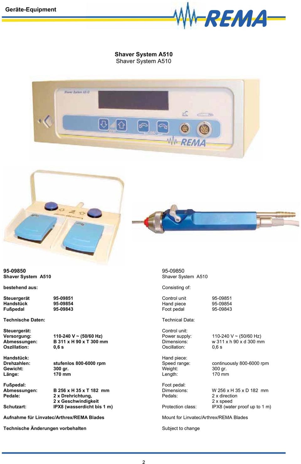 Speed range: continuously 800-6000 rpm Fußpedal: Abmessungen: B 256 x H 35 x T 182 mm Pedale: 2 x Drehrichtung, 2 x Geschwindigkeit Schutzart: IPX8 (wasserdicht bis 1 m)