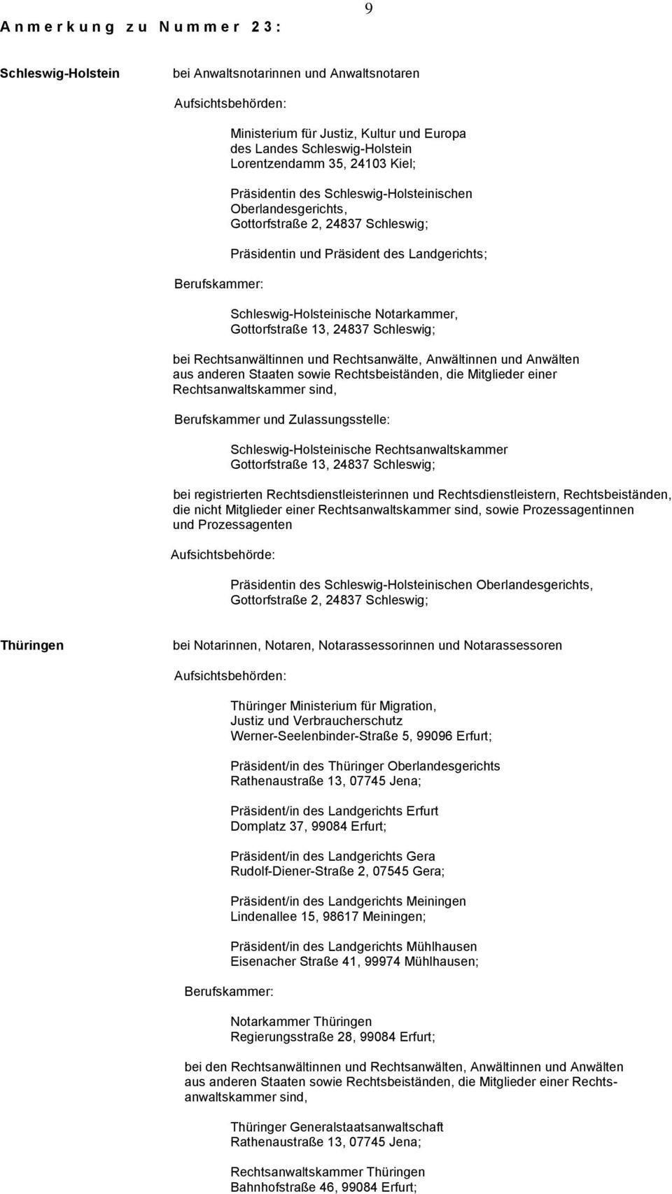 Rechtsanwältinnen und Rechtsanwälte, Anwältinnen und Anwälten Berufskammer und Zulassungsstelle: Schleswig-Holsteinische Rechtsanwaltskammer Gottorfstraße 13, 24837 Schleswig; Präsidentin des