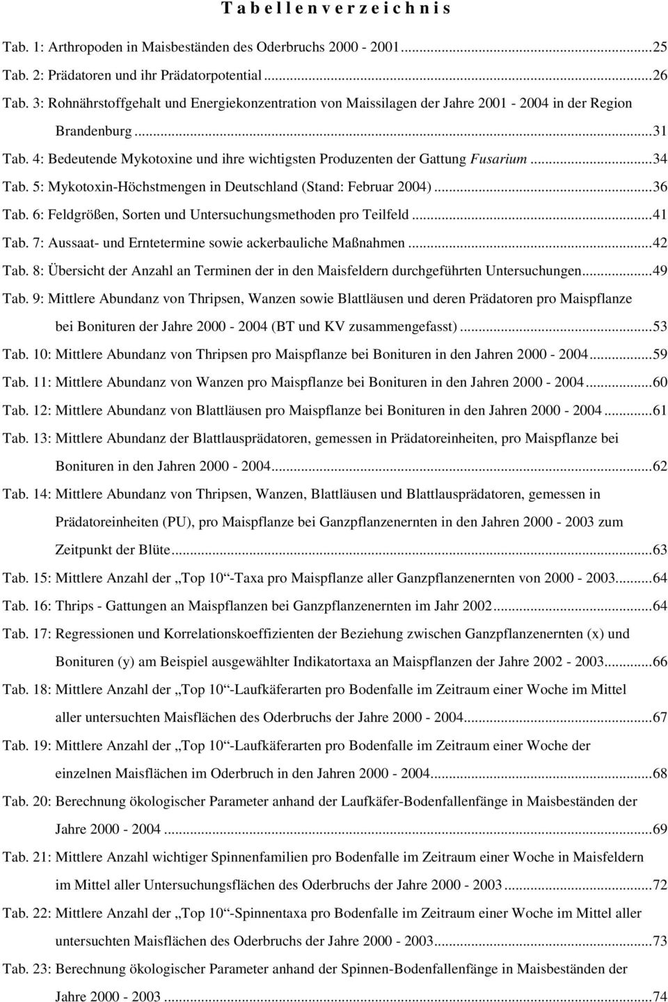 ..34 Tab. 5: Mykotoxin-Höchstmengen in Deutschland (Stand: Februar 2004)...36 Tab. 6: Feldgrößen, Sorten und Untersuchungsmethoden pro Teilfeld...41 Tab.
